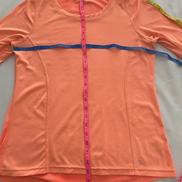 DANSKIN Peach Tangerine Tri Color Perforated Detail L Sleeve Flatter Fit M - Picture 12 of 13